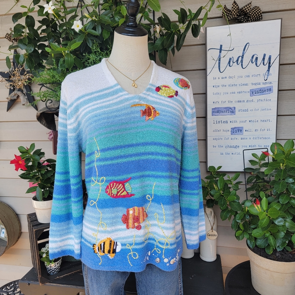 SUSAN BRISTOL ♡ Gorgeous Colorful Embroidered Sequin Fishies 'n Shells Sweater S
